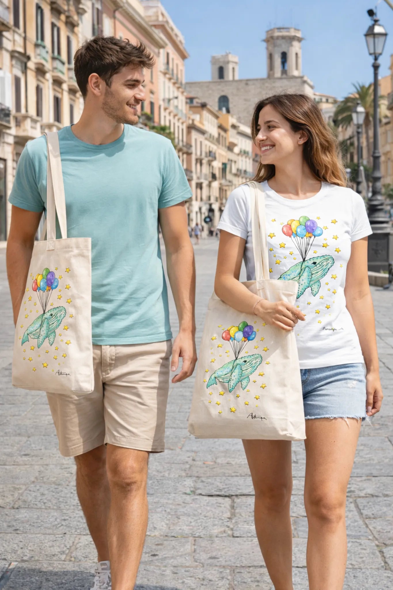 Shopping Bag Balena Sospesa con Palloncini Artmea